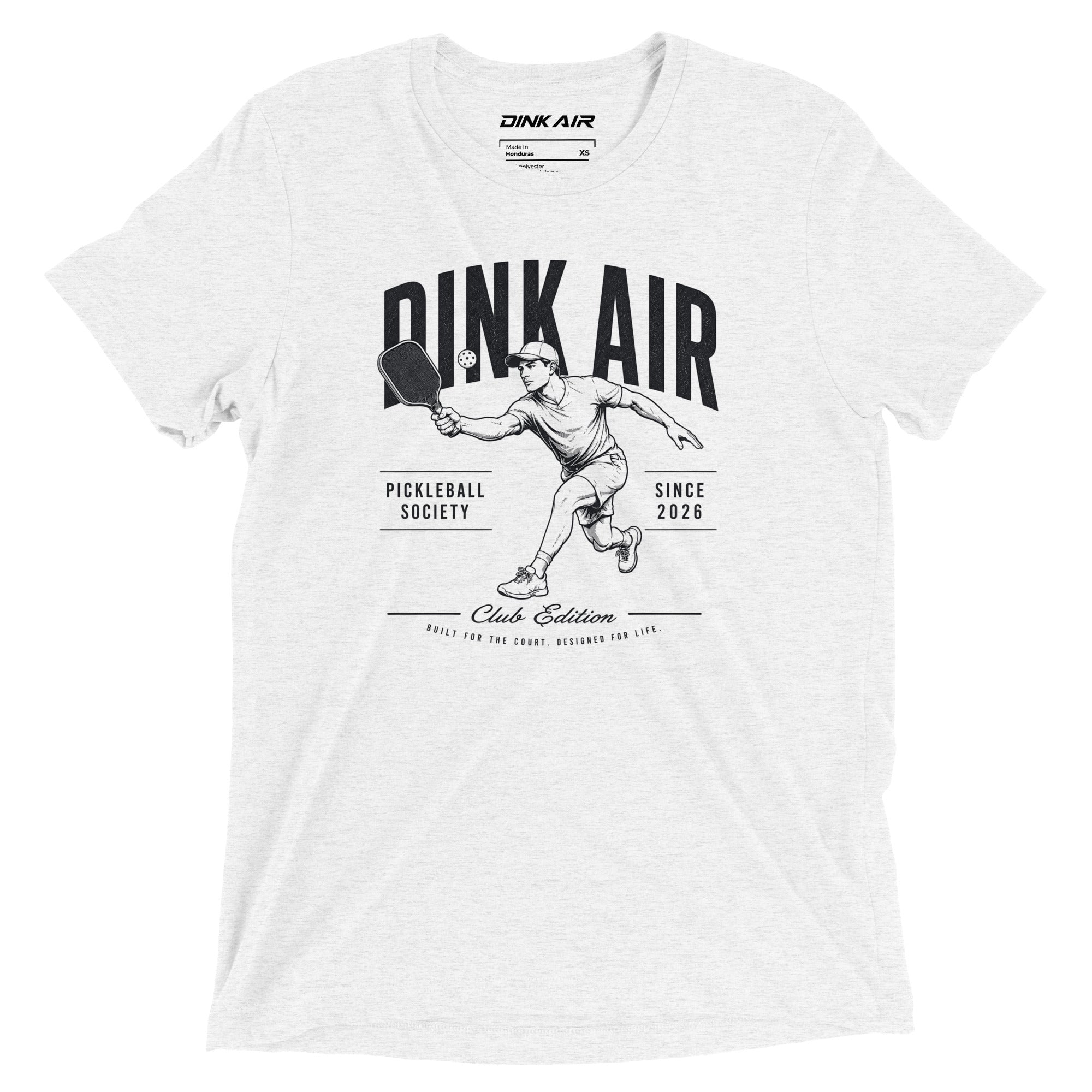 Front view of the white Originals Match Tee featuring a vintage-inspired pickleball graphic and Dink Air branding.