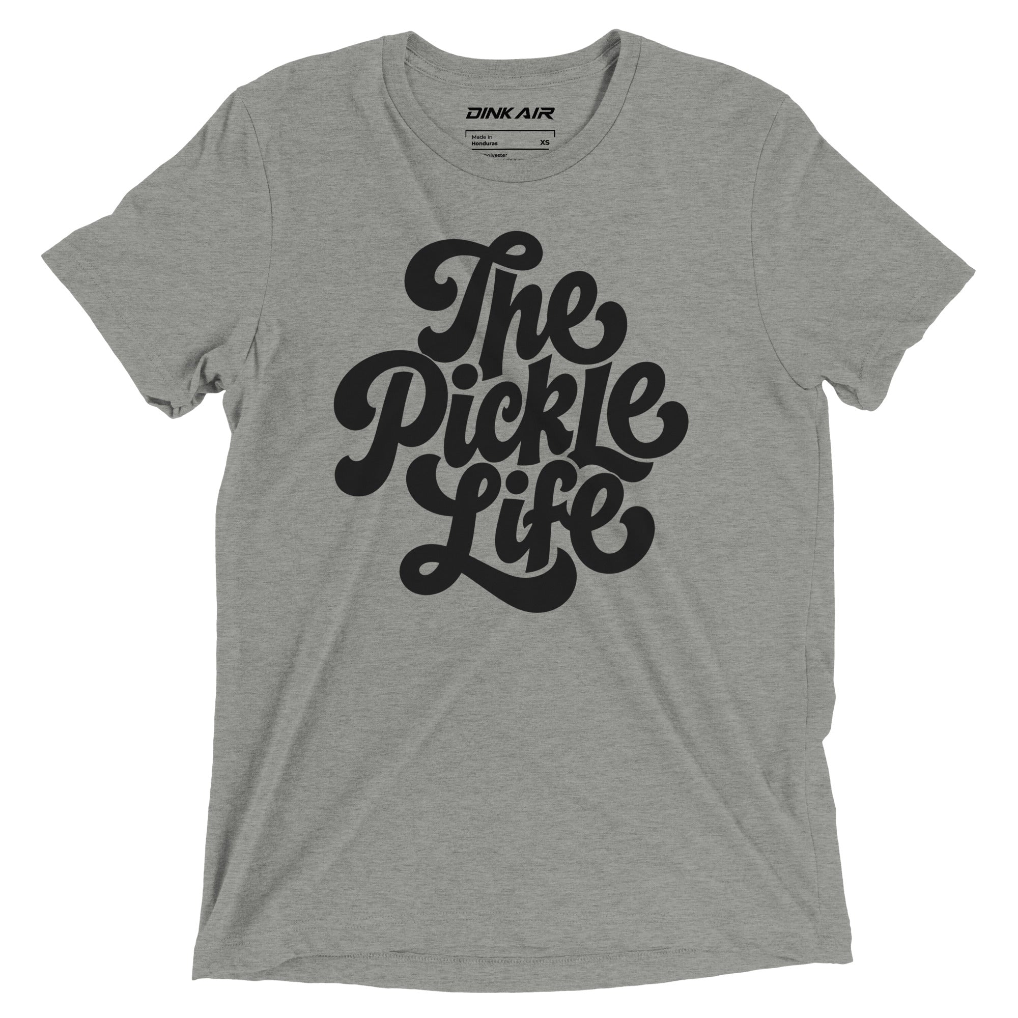 Heather gray tri-blend t-shirt featuring a large vintage-inspired "The Pickle Life" graphic across the front in black.