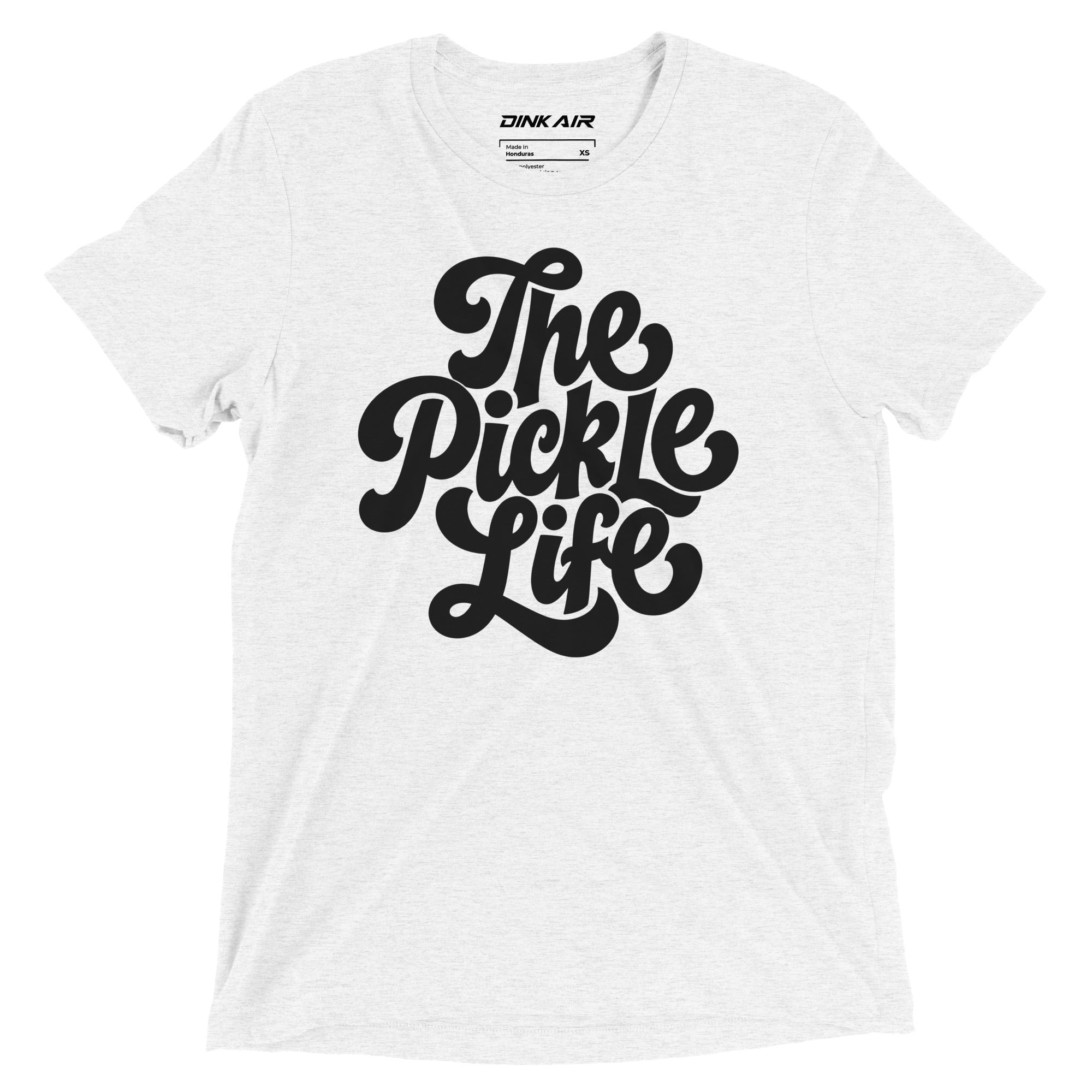 White tri-blend t-shirt featuring a large vintage-inspired "The Pickle Life" graphic across the front in black.