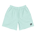 Front view of the Sea Glass Performance Shorts featuring lightweight sea glass green performance fabric, a black D Mark logo on the lower left leg, elastic waistband, athletic fit, moisture-wicking material, and a clean minimalist design for pickleball, training, tournaments, and everyday wear.