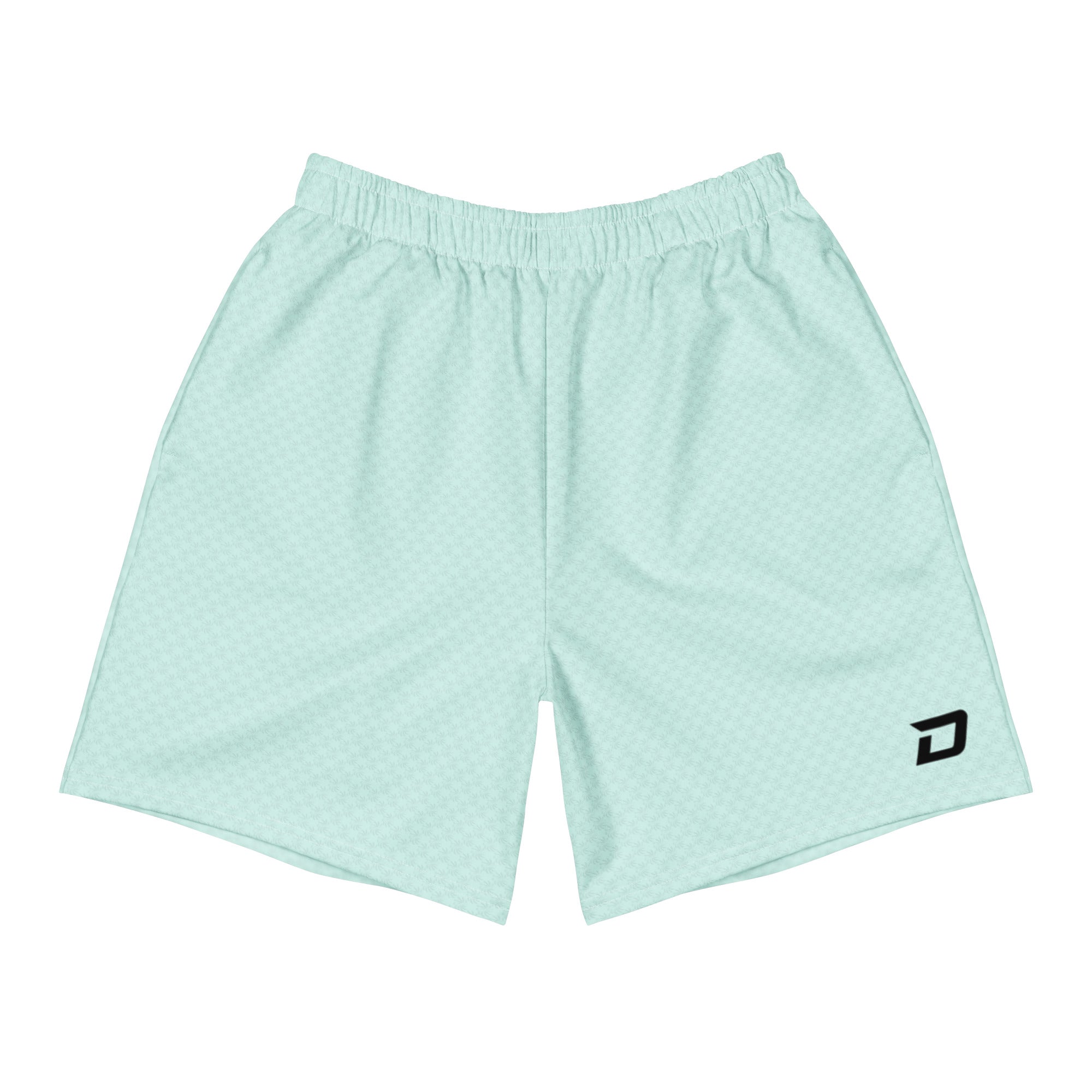 Front view of the Sea Glass Performance Shorts featuring lightweight sea glass green performance fabric, a black D Mark logo on the lower left leg, elastic waistband, athletic fit, moisture-wicking material, and a clean minimalist design for pickleball, training, tournaments, and everyday wear.