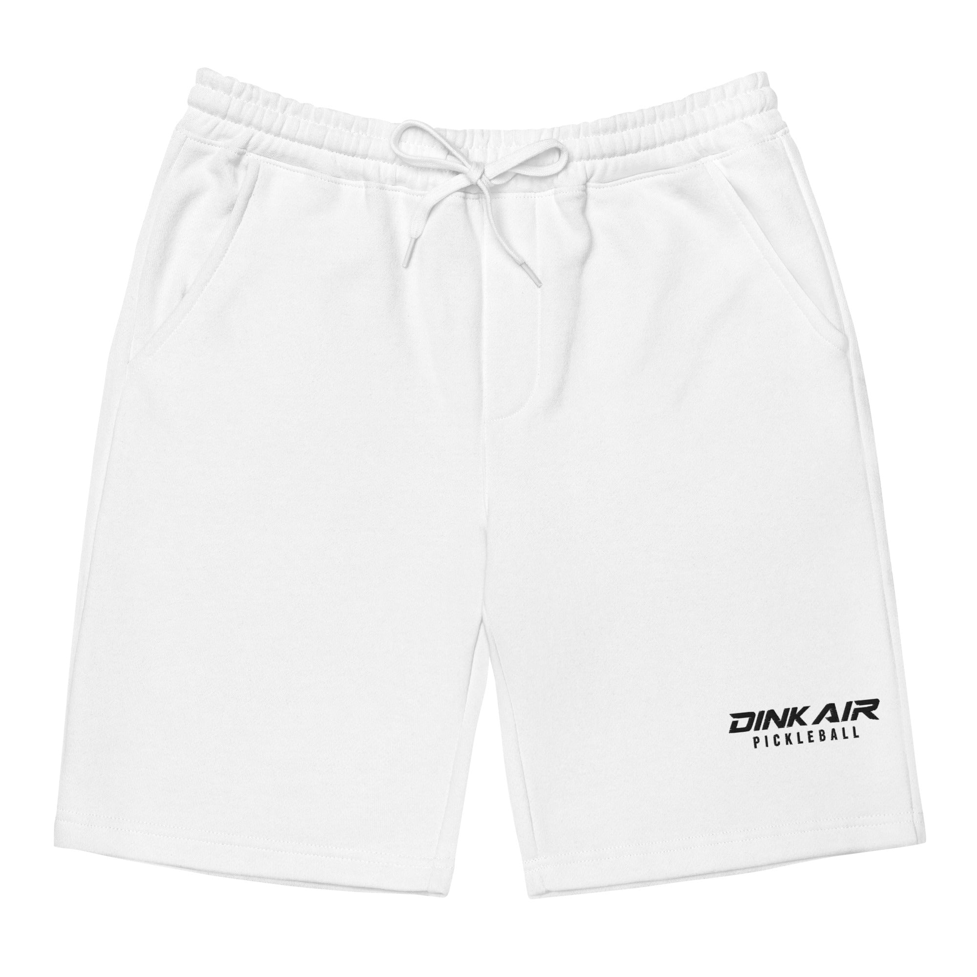 Front view of Dink Air Signature Pickleball Fleece Shorts in white featuring a premium embroidered Dink Air logo on the lower left leg. Comfortable fleece shorts designed for everyday wear, travel, recovery, and the pickleball lifestyle.