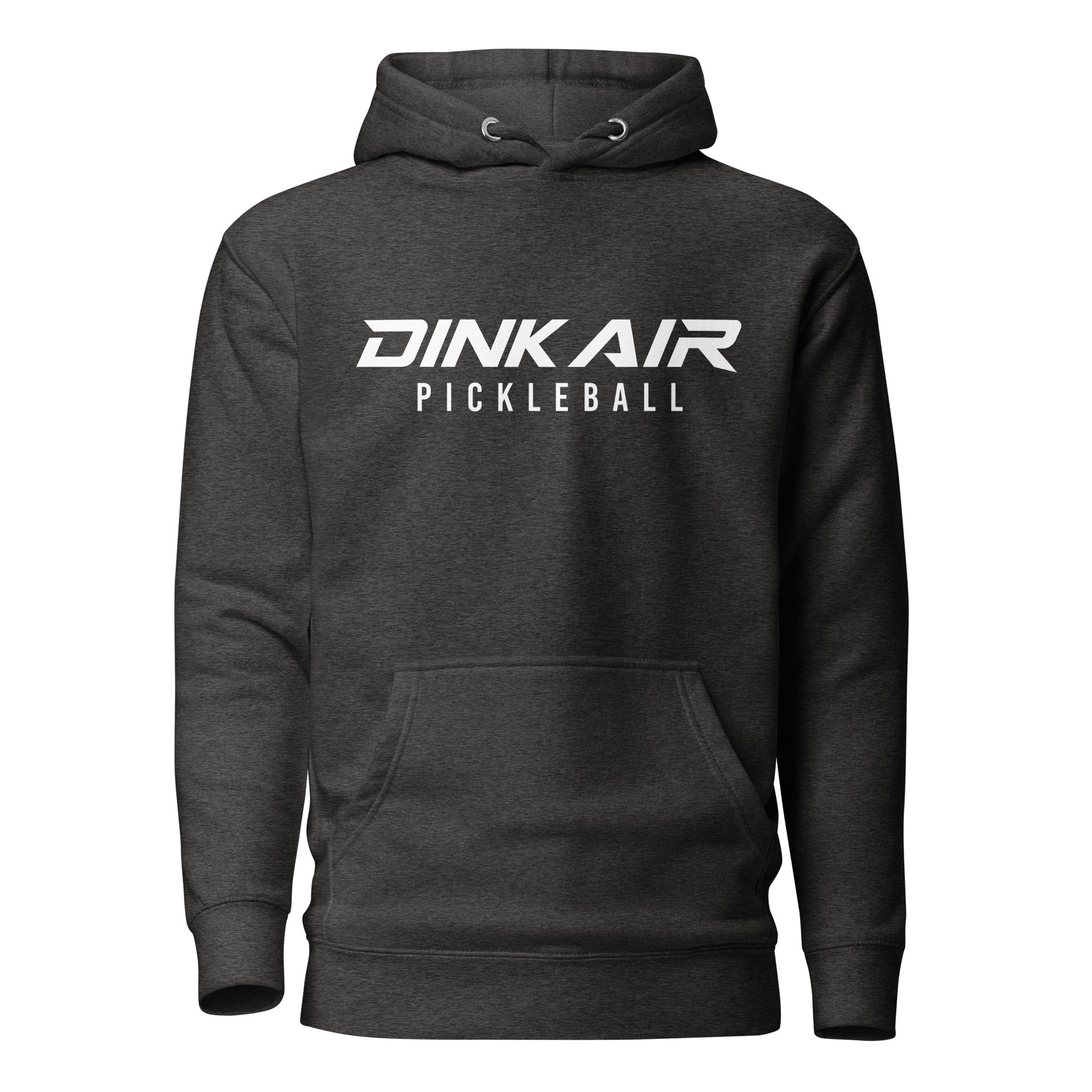 Front view of the charcoal Signature Pickleball Hoodie featuring the Dink Air Pickleball Signature logo, drawstring hood, kangaroo pocket, and ribbed cuffs.