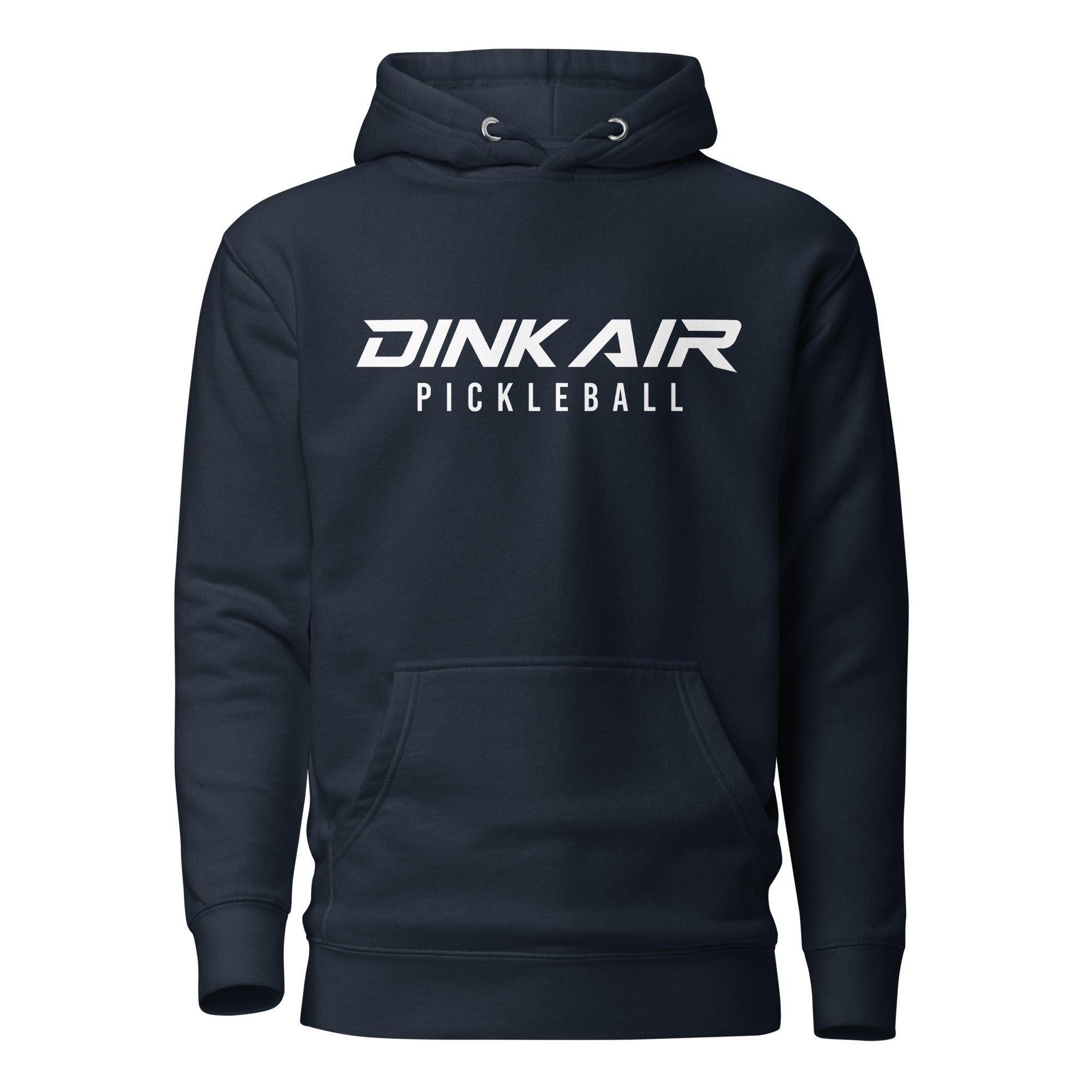 Front view of the navy Signature Pickleball Hoodie featuring the Dink Air Pickleball Signature logo, drawstring hood, kangaroo pocket, and ribbed cuffs.