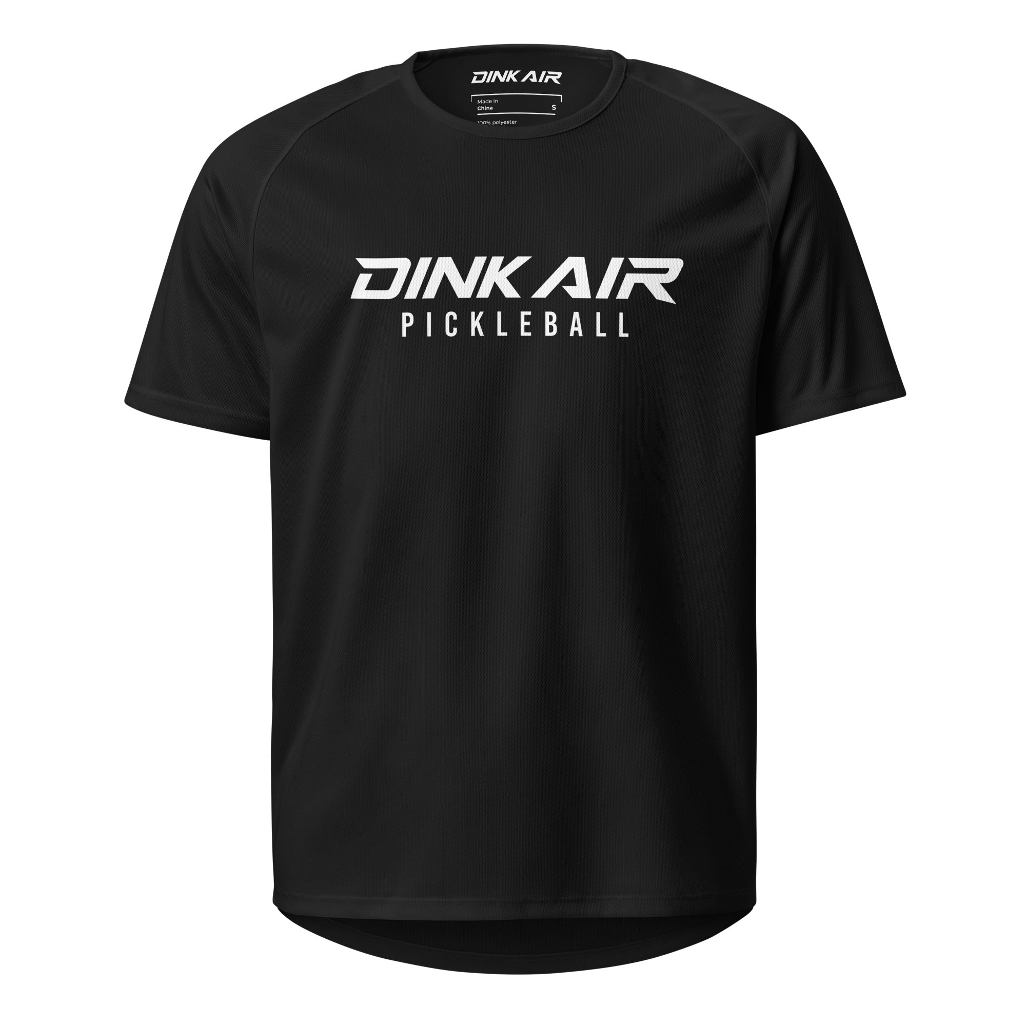 Front view of the Dink Air Signature Pickleball Performance Tee in black featuring the Signature Pickleball graphic. Lightweight moisture-wicking performance shirt designed for breathable comfort and unrestricted movement on the pickleball court.