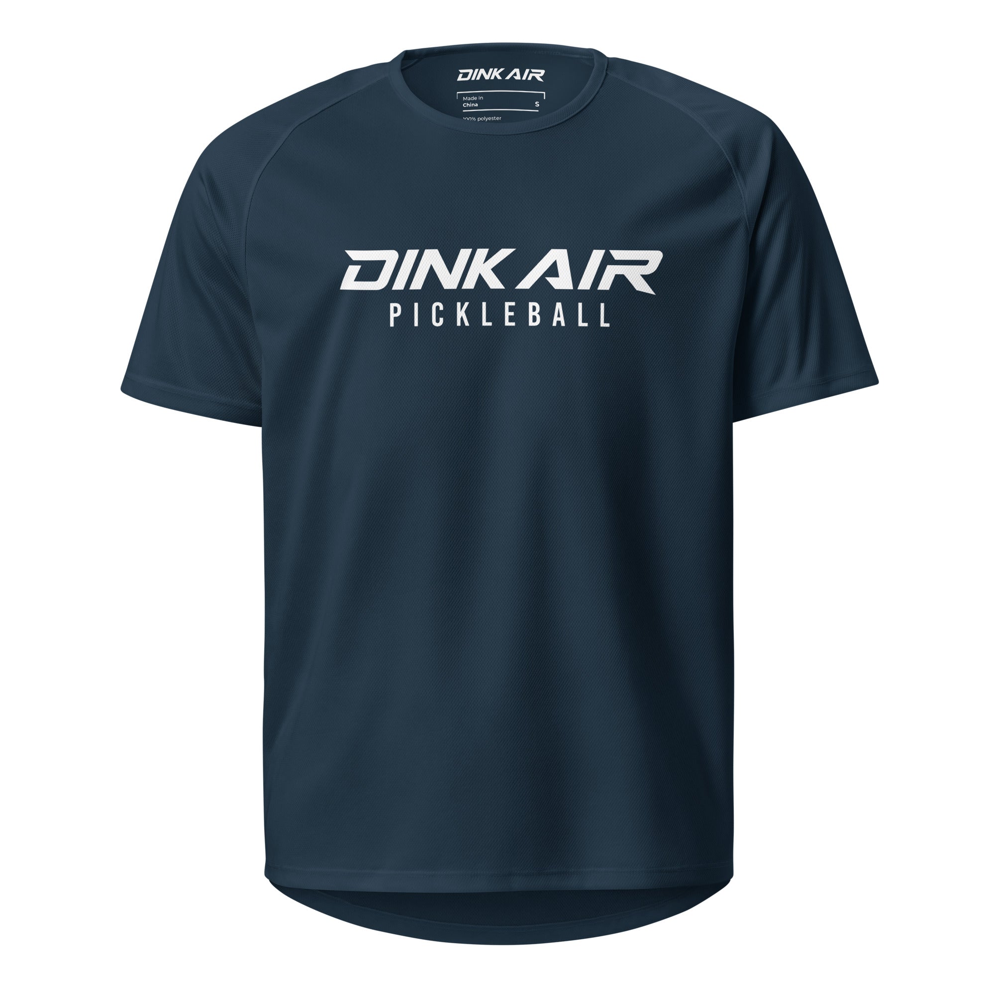 Front view of the Dink Air Signature Pickleball Performance Tee in navy featuring the Signature Pickleball graphic. Lightweight moisture-wicking performance shirt built for breathable comfort and everyday play.