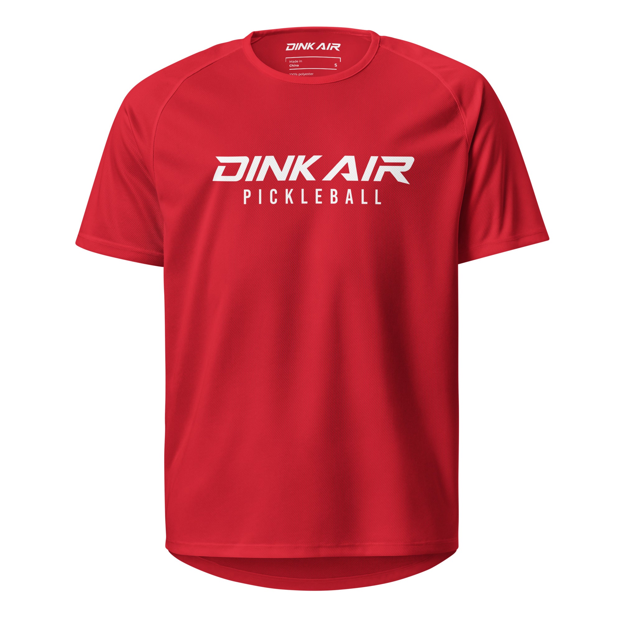 Front view of the Dink Air Signature Pickleball Performance Tee in red featuring the Signature Pickleball graphic. Lightweight moisture-wicking performance shirt designed for comfort, breathability, and everyday pickleball performance.