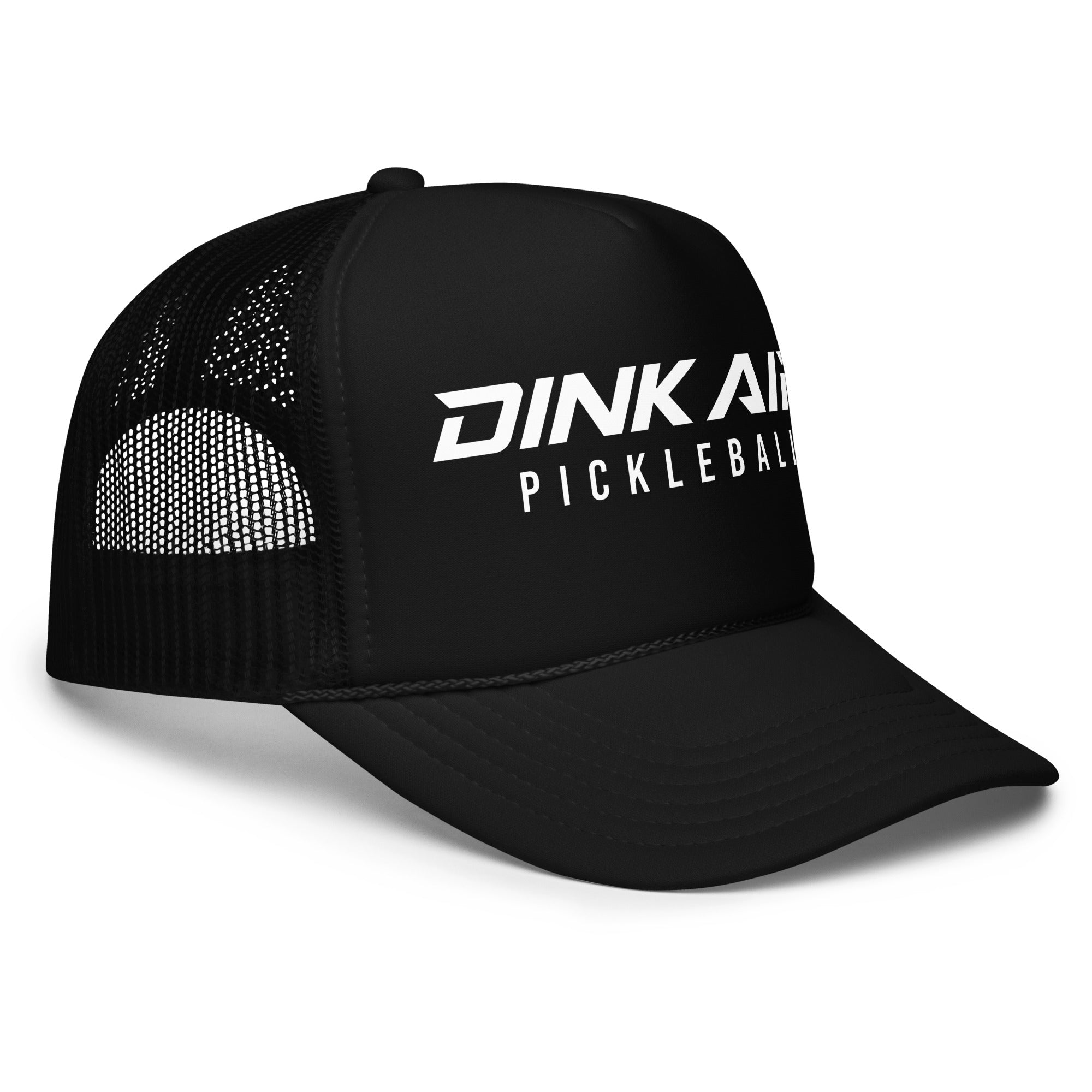 Front view of the black Signature Pickleball Trucker Hat featuring the embroidered Dink Air Pickleball logo, breathable mesh panels, and a curved brim designed for comfort on and off the court.