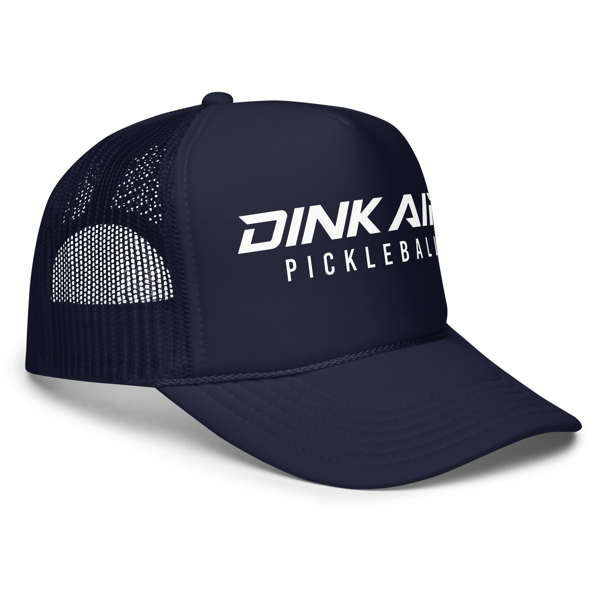 Front angled view of the navy Signature Pickleball Trucker Hat featuring the embroidered Dink Air Pickleball logo, breathable mesh construction, and a curved brim designed for everyday wear.
