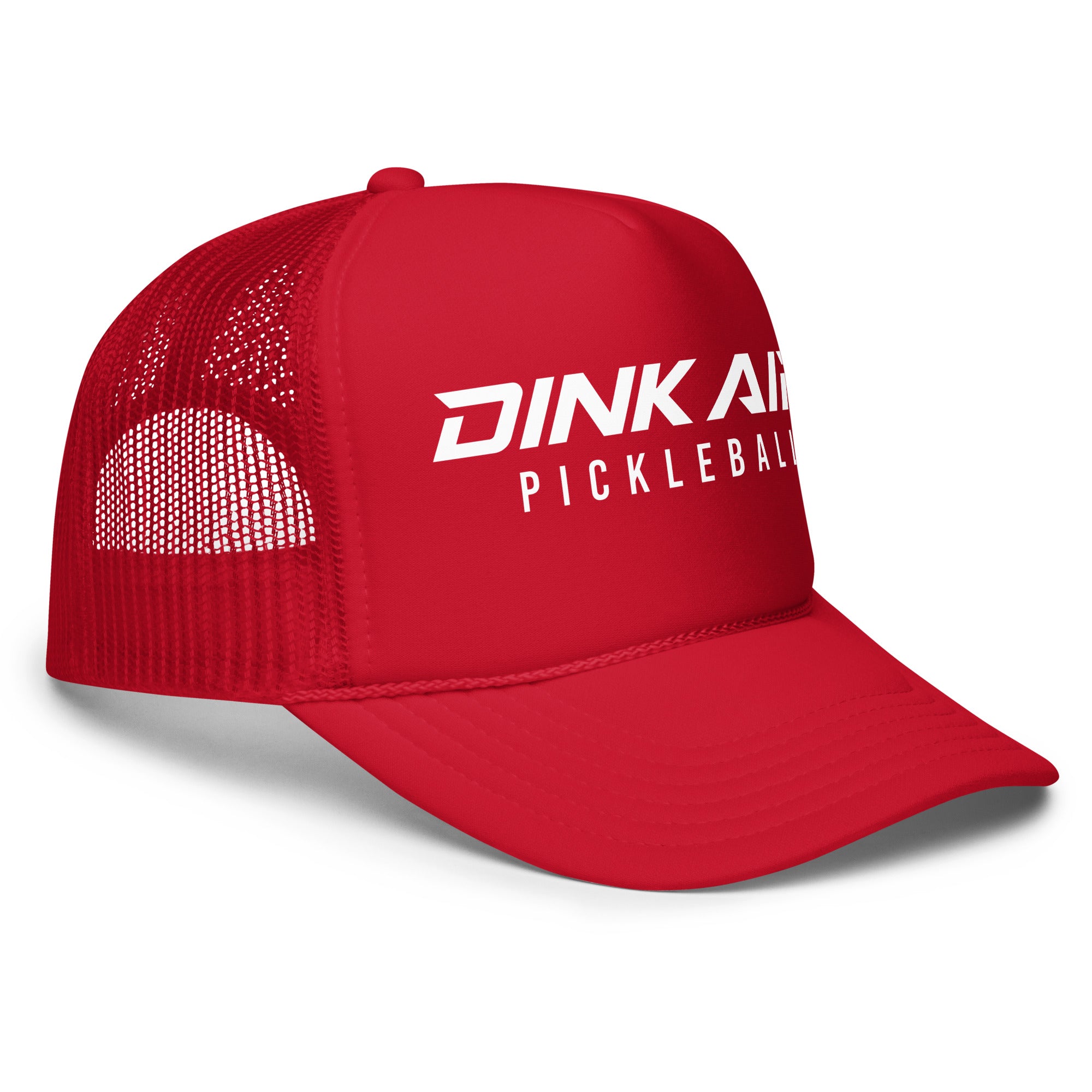 Front angled view of the red Signature Pickleball Trucker Hat featuring the embroidered Dink Air Pickleball logo, mesh back panels, and a curved brim.