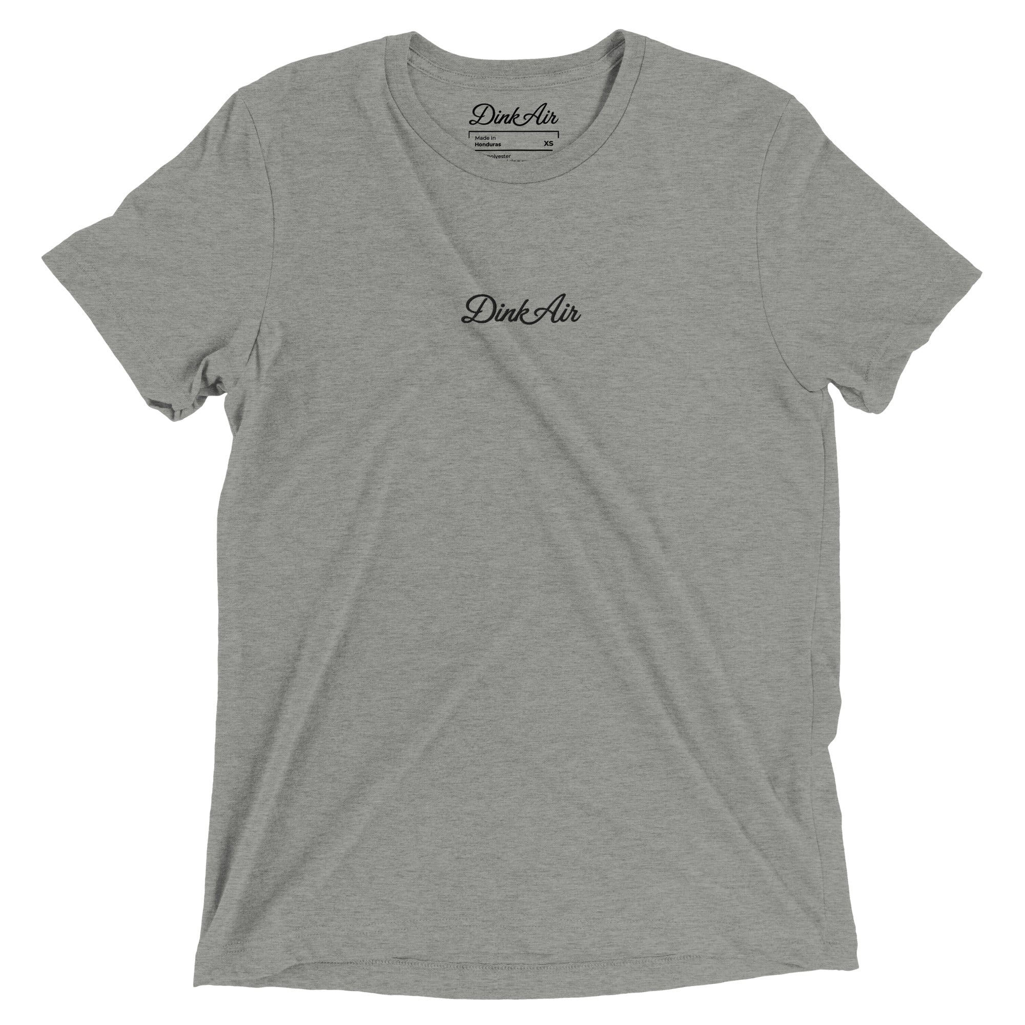 Heather gray tri-blend t-shirt featuring a minimalist embroidered Dink Air Signature Script logo across the chest.
