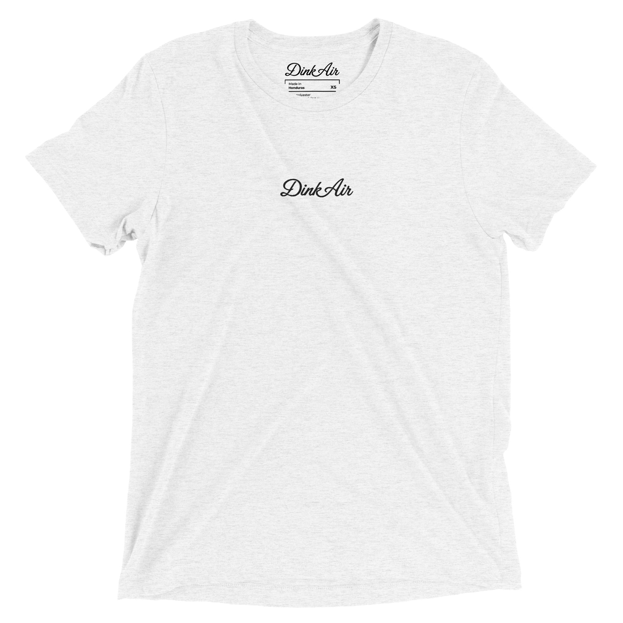 White tri-blend t-shirt featuring a minimalist embroidered Dink Air Signature Script logo across the chest.