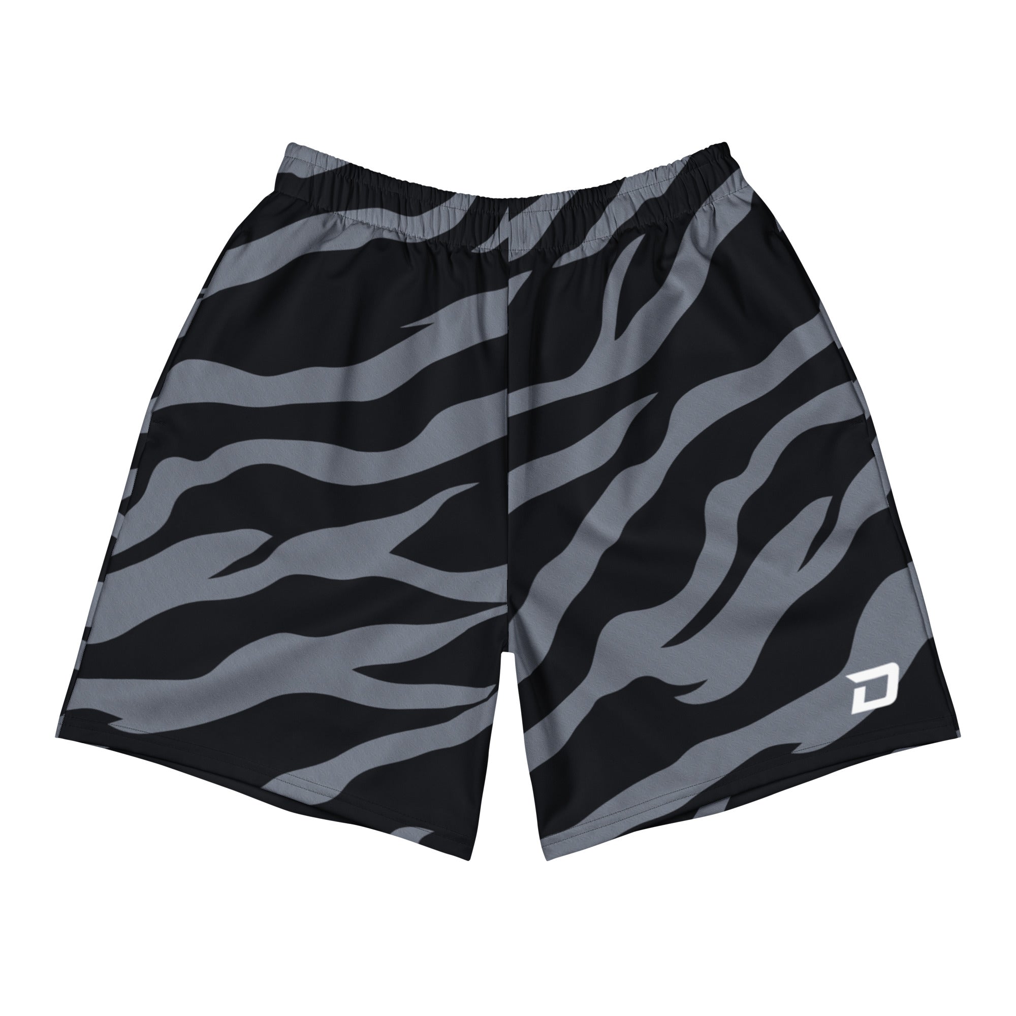 Front view of Dink Air Stealth Performance Shorts featuring a bold black and charcoal stripe pattern with a white D Mark logo on the lower left leg. Premium pickleball performance shorts designed for unrestricted movement, comfort, and everyday wear.