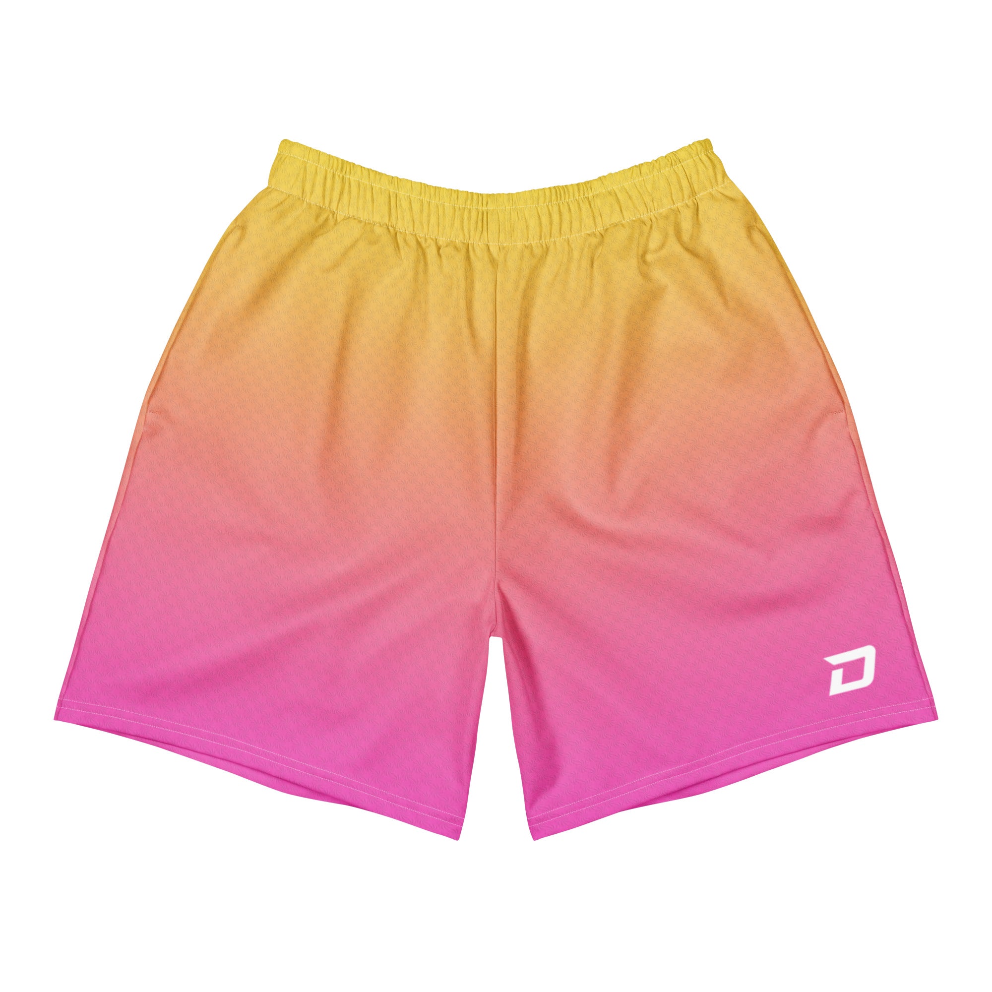 Front view of the Sunrise Performance Shorts featuring a vibrant yellow-to-pink gradient performance fabric, a white D Mark logo on the lower left leg, elastic waistband, athletic fit, moisture-wicking material, and a bold minimalist design for pickleball, training, tournaments, and everyday wear.